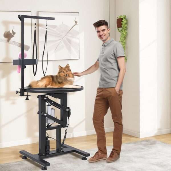 Mesa eléctrica profesional para peluquería canina con superficie giratoria de 360 grados, dimensiones 60x60x99 cm.