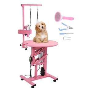 Mesa eléctrica profesional para peluquería canina con superficie giratoria de 360 grados, dimensiones 60x60x99 cm.