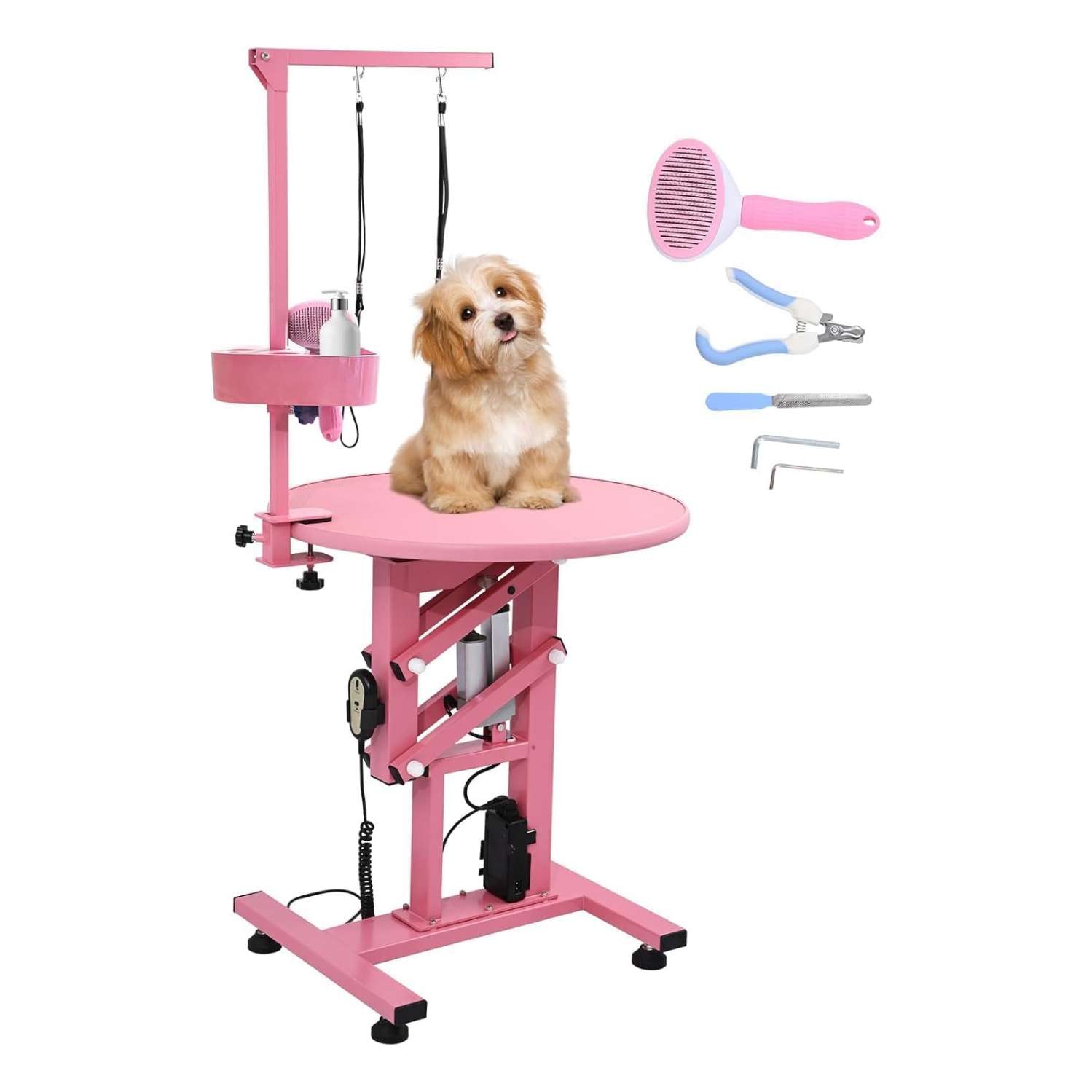 Mesa eléctrica profesional para peluquería canina con superficie giratoria de 360 grados, dimensiones 60x60x99 cm.