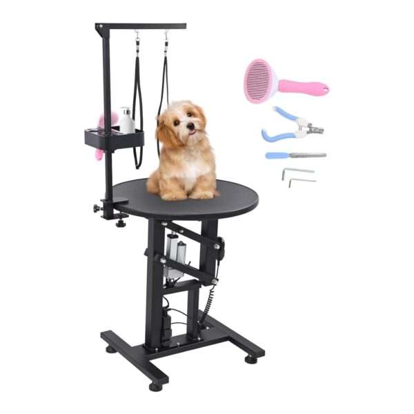 Mesa eléctrica profesional para peluquería canina con superficie giratoria de 360 grados, dimensiones 60x60x99 cm.
