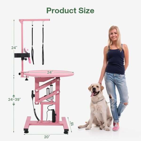 Mesa eléctrica profesional para peluquería canina con superficie giratoria de 360 grados, dimensiones 60x60x99 cm.