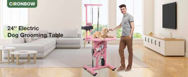 Mesa eléctrica profesional para peluquería canina con superficie giratoria de 360 grados, dimensiones 60x60x99 cm.