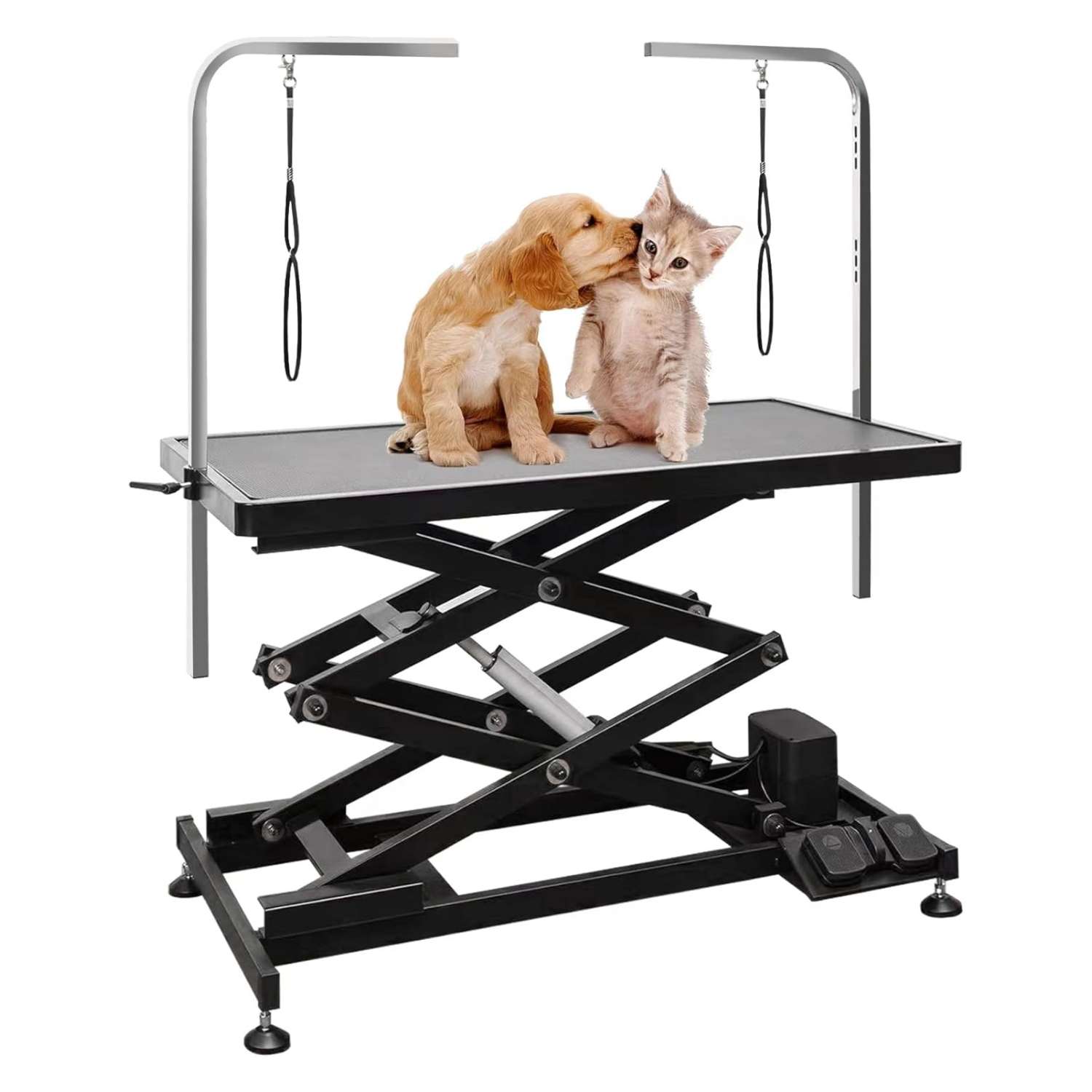 Mesa de peluquería canina eléctrica profesional con elevación automática, 119x66x127 cm.