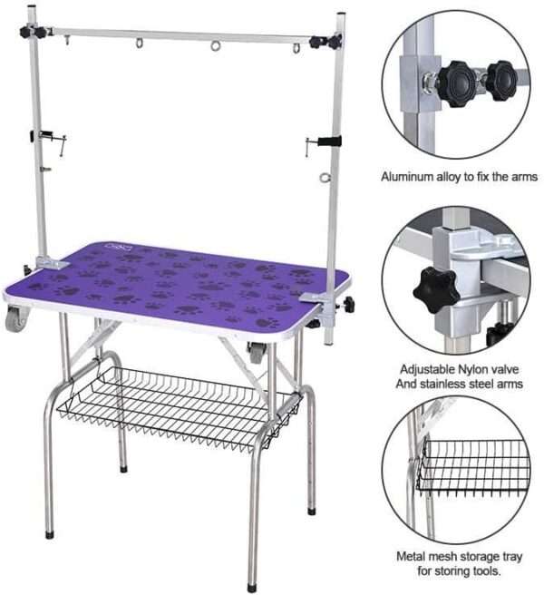 Mesa de peluquería canina con altura ajustable, ideal para aseo profesional, medidas 96x181x49 cm.