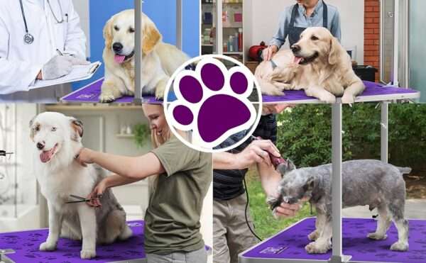 Mesa de peluquería canina con altura ajustable, ideal para aseo profesional, medidas 96x181x49 cm.
