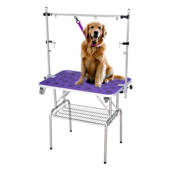 Mesa de peluquería canina con altura ajustable, ideal para aseo profesional, medidas 96x181x49 cm.