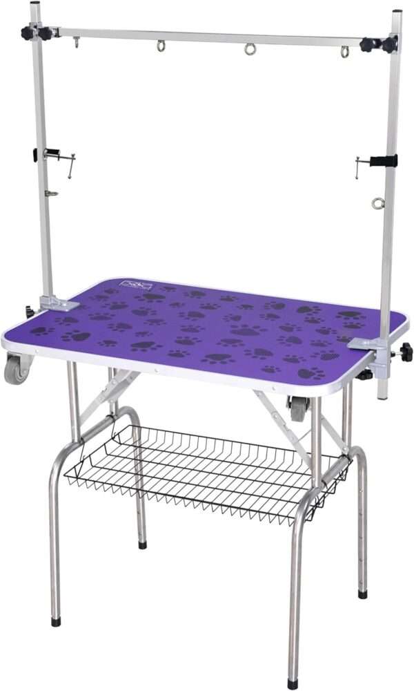 Mesa de peluquería canina con altura ajustable, ideal para aseo profesional, medidas 96x181x49 cm.