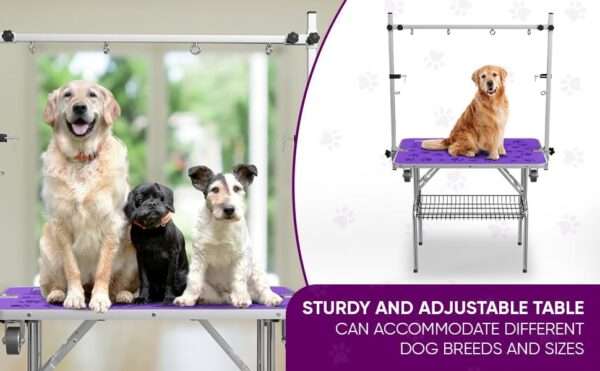 Mesa de peluquería canina con altura ajustable, ideal para aseo profesional, medidas 96x181x49 cm.