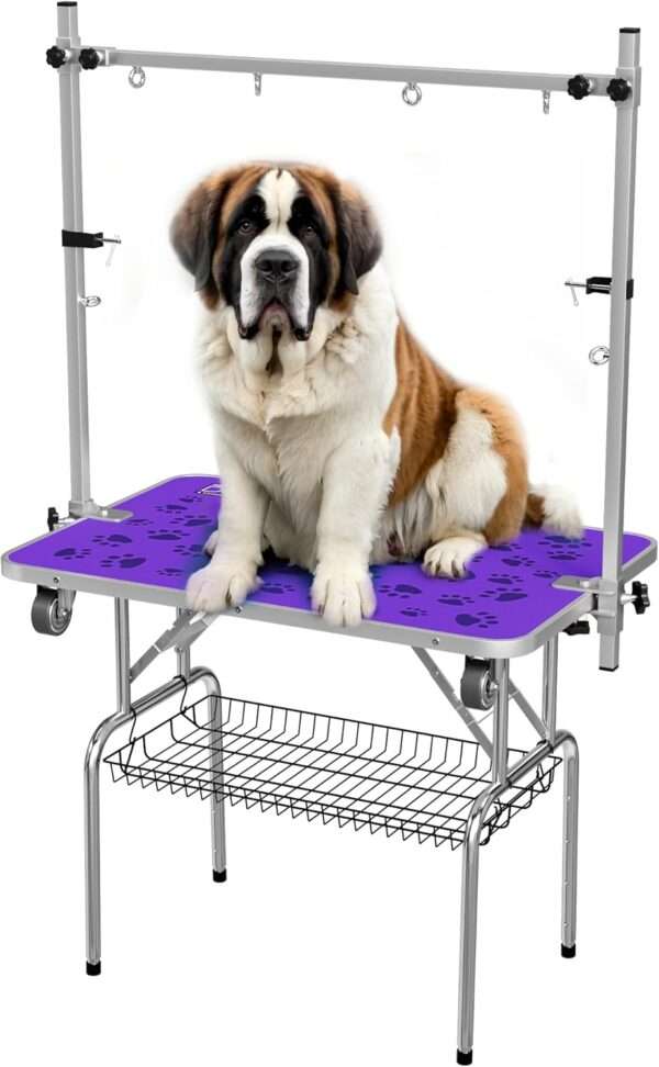 Mesa de peluquería canina con altura ajustable, ideal para aseo profesional, medidas 96x181x49 cm.