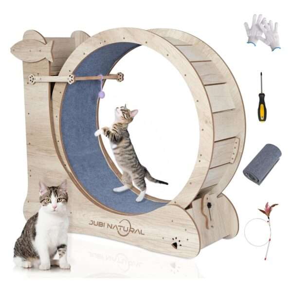Rueda de ejercicio interactiva grande para gatos, con diseño moderno y colores vibrantes.