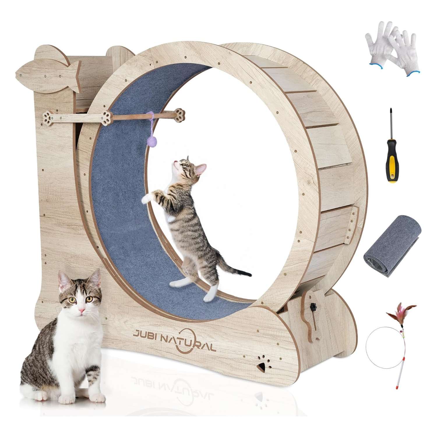 Rueda de ejercicio interactiva grande para gatos, con diseño moderno y colores vibrantes.