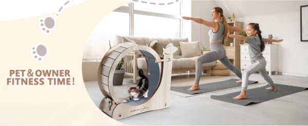Rueda de ejercicio interactiva grande para gatos, con diseño moderno y colores vibrantes.