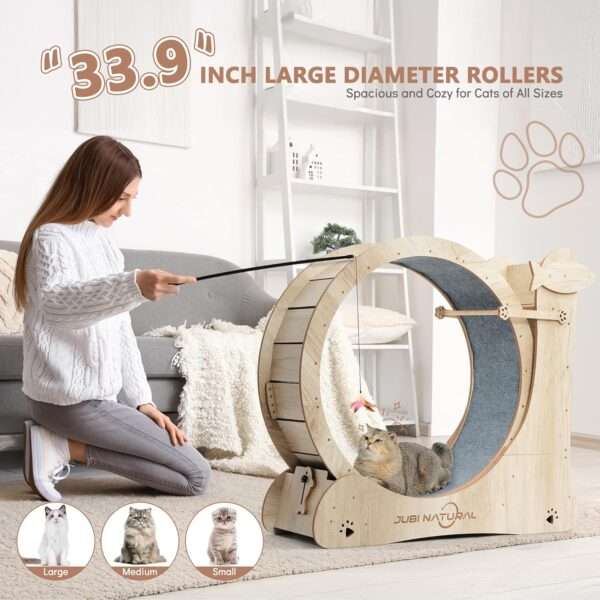 Rueda de ejercicio interactiva grande para gatos, con diseño moderno y colores vibrantes.