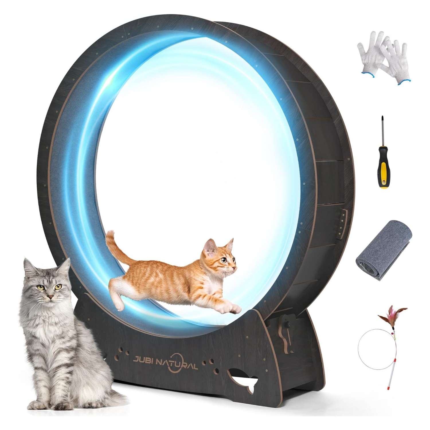 Rueda de ejercicio para gatos con pista silenciosa, diseño moderno y funcional.