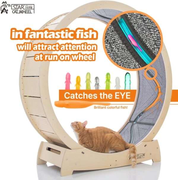 Rueda de ejercicio para gatos con interactivo pez en movimiento y base estable.