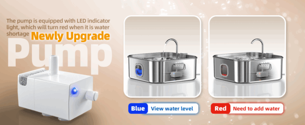 Fuente de agua para mascotas de 12 L, acero inoxidable. Bebedero súper silencioso con luz LED indicadora de nivel de agua, ideal para perros grandes y varios gatos.