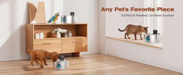 Fuente de agua inalámbrica de acero inoxidable 3.2L para perros y gatos. Bebedero automático recargable, higiénico y moderno.