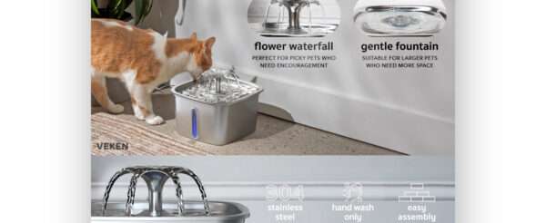 Fuente de agua de acero inoxidable 2.8L para mascotas. Bebedero con luz LED de nivel, ideal para perros y gatos que buscan agua fresca y limpia.