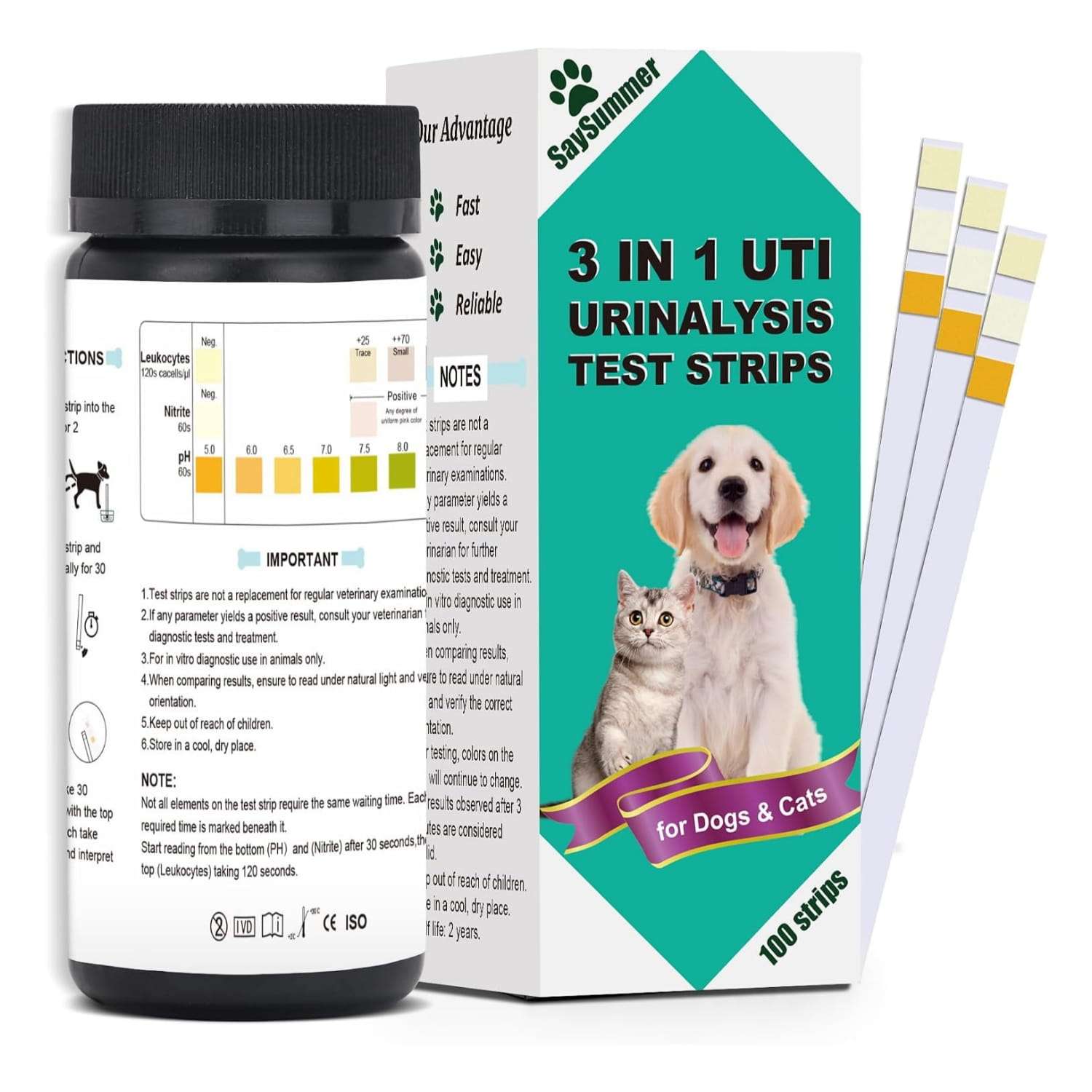 Kit veterinario con 100 tiras de orina para perros y gatos para la detección de infección urinaria.