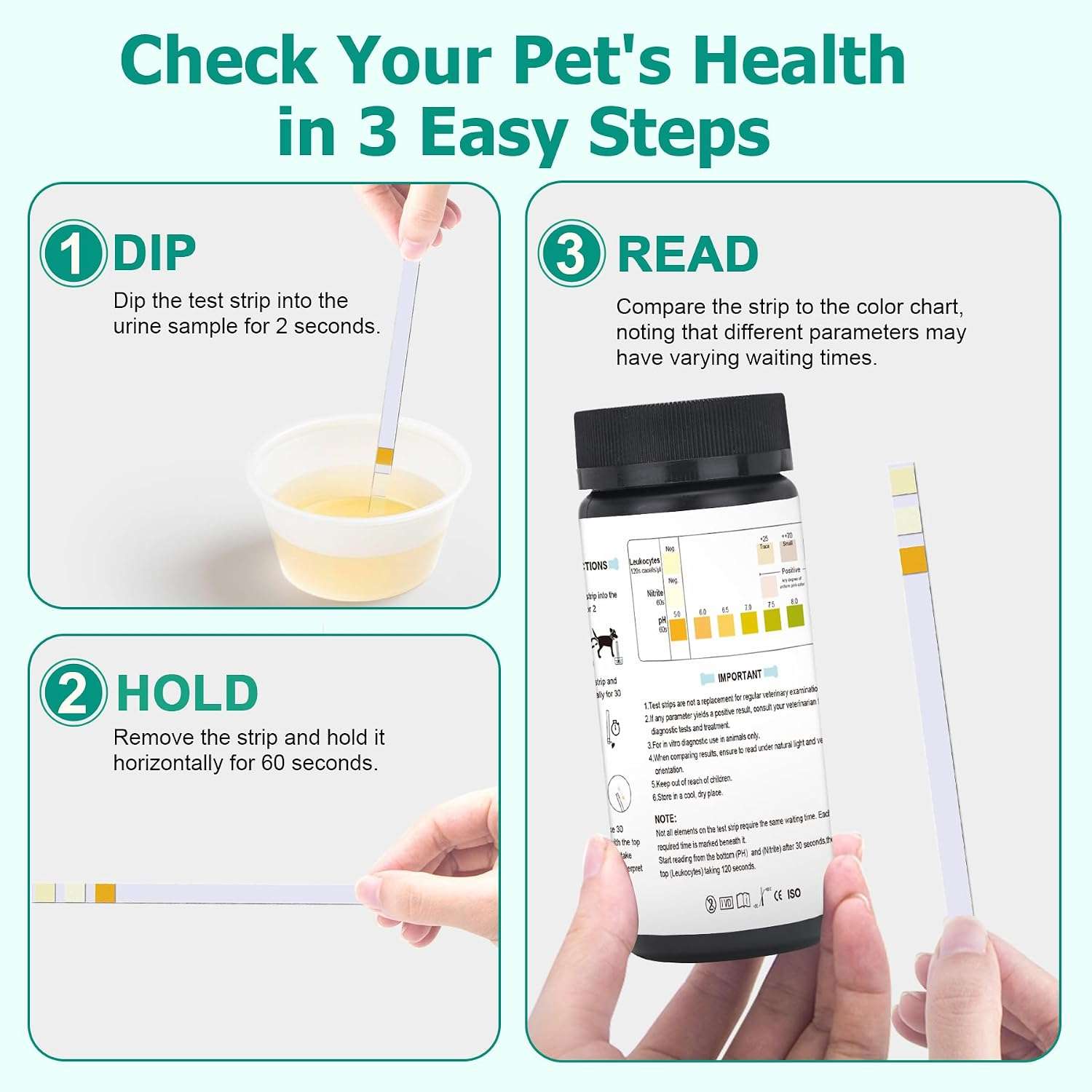 Kit veterinario con 100 tiras de orina para perros y gatos para la detección de infección urinaria.