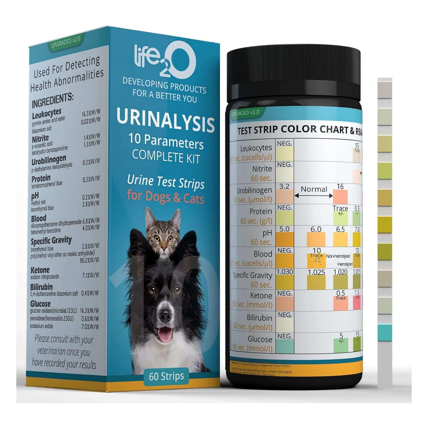 Kit de 60 tiras de análisis de orina veterinaria de 10 parámetros para perros y gatos.