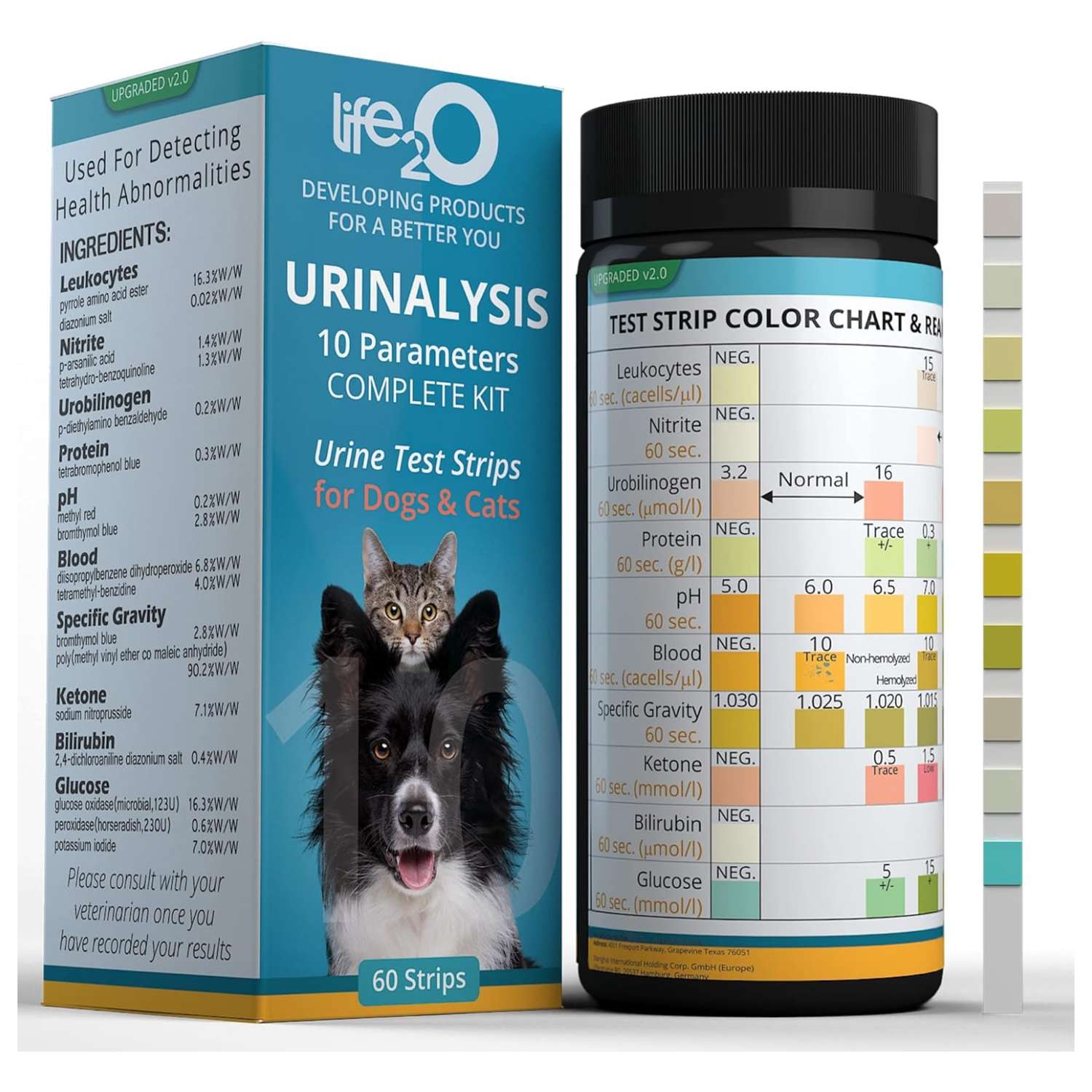 Kit de 60 tiras de análisis de orina veterinaria de 10 parámetros para perros y gatos.