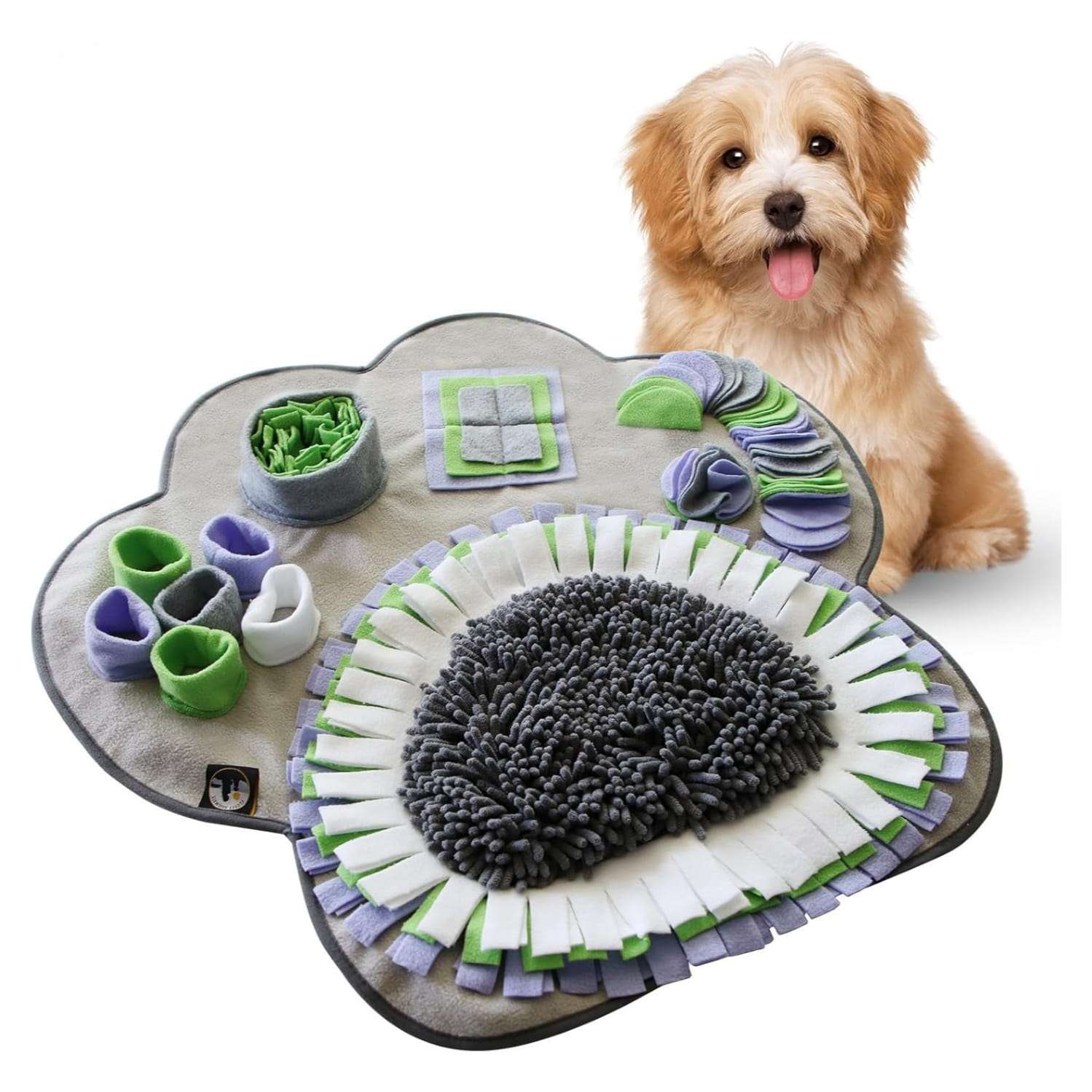 Alfombra de olfato interactiva con forma de pata para estimulacion mental y alimentacion lenta de perros.