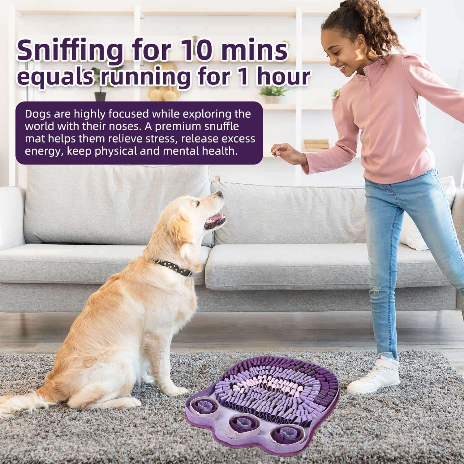 Alfombra de olfato interactiva de algodon con forma de pata para el entrenamiento de perros.
