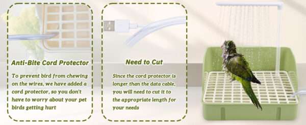 Bañera automática para pájaros, con agua circulante USB y protector de cable antimordeduras.