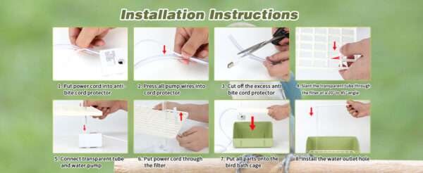 Bañera automática para pájaros, con agua circulante USB y protector de cable antimordeduras.