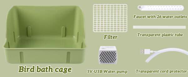 Bañera automática para pájaros, con agua circulante USB y protector de cable antimordeduras.