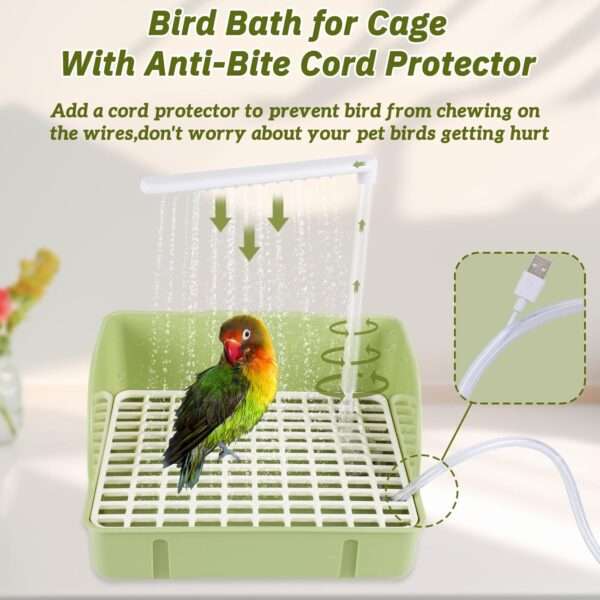 Bañera automática para pájaros, con agua circulante USB y protector de cable antimordeduras.