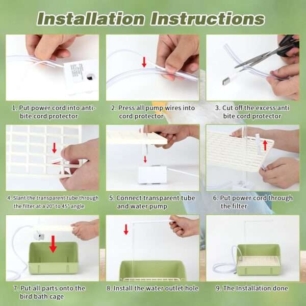Bañera automática para pájaros, con agua circulante USB y protector de cable antimordeduras.