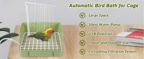 Bañera automática para pájaros, con agua circulante USB y protector de cable antimordeduras.