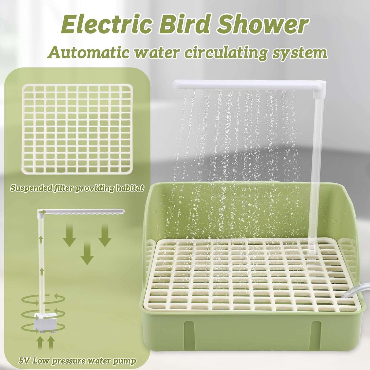 Bañera automática para pájaros, con agua circulante USB y protector de cable antimordeduras.