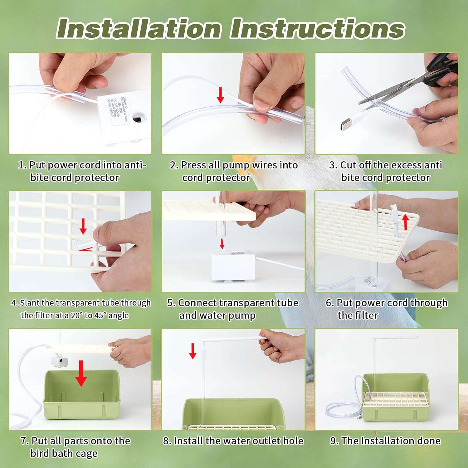 Bañera automática para pájaros, con agua circulante USB y protector de cable antimordeduras.