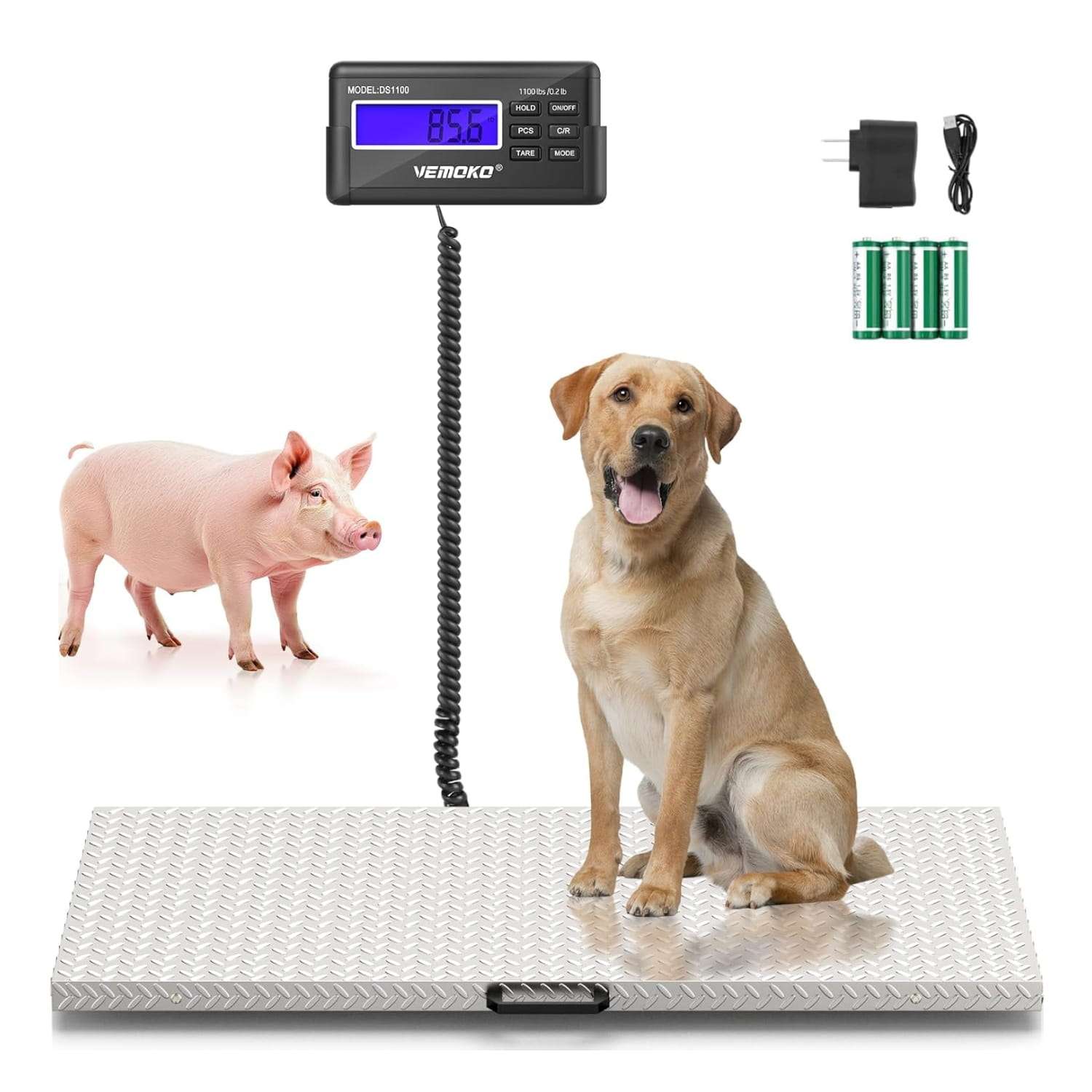 Báscula de precisión grande para perros y ganado. Plataforma de acero inoxidable antideslizante con capacidad de 1100 lb, ideal para uso veterinario y de granja en Chile.