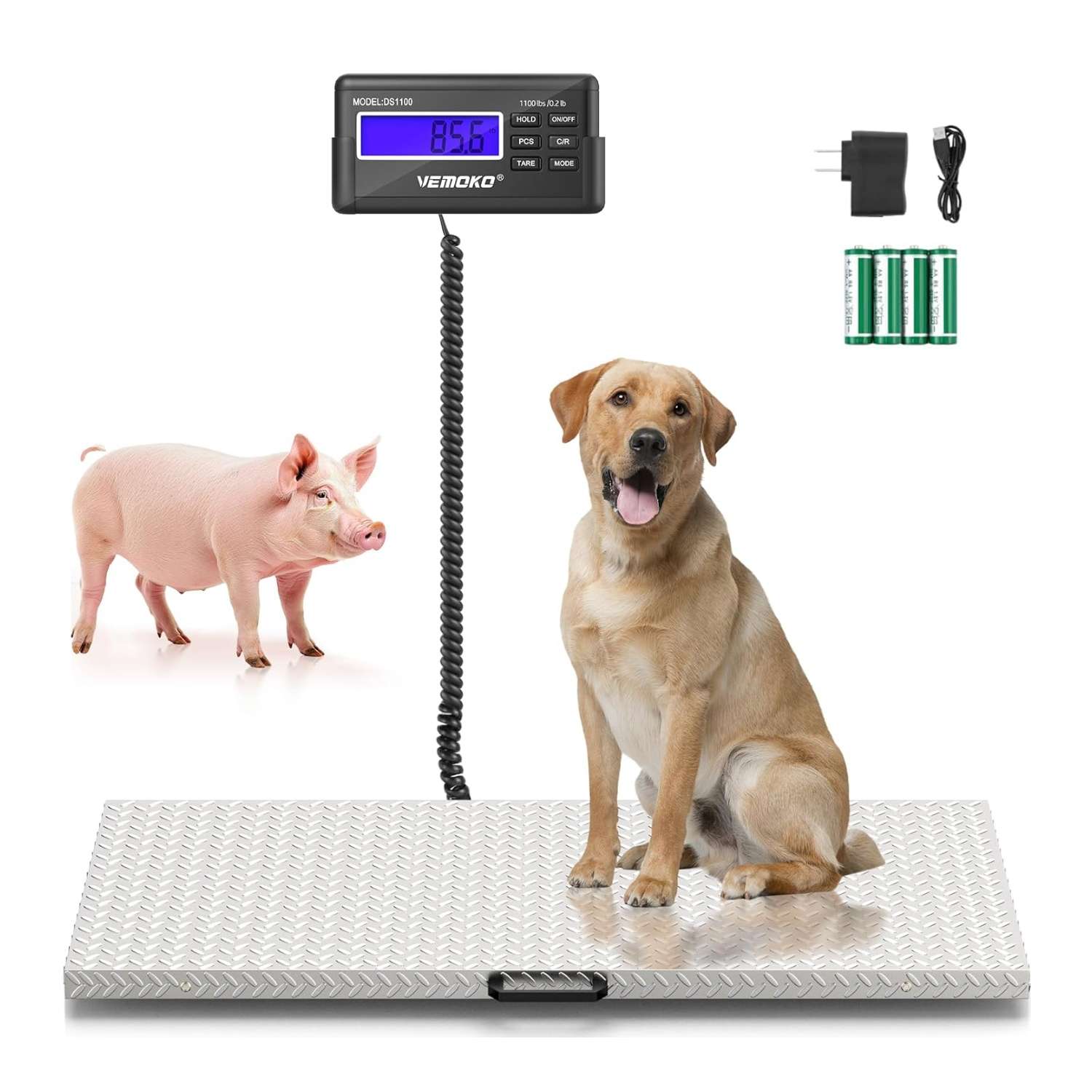 Báscula de precisión grande para perros y ganado. Plataforma de acero inoxidable antideslizante con capacidad de 1100 lb, ideal para uso veterinario y de granja en Chile.