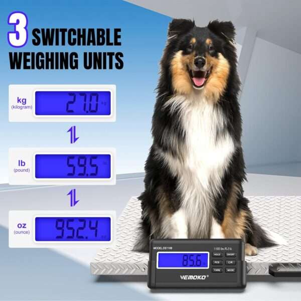 Báscula de precisión grande para perros y ganado. Plataforma de acero inoxidable antideslizante con capacidad de 1100 lb, ideal para uso veterinario y de granja en Chile.