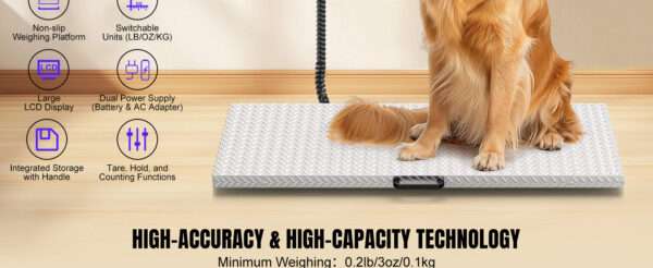 Báscula de precisión grande para perros y ganado. Plataforma de acero inoxidable antideslizante con capacidad de 1100 lb, ideal para uso veterinario y de granja en Chile.