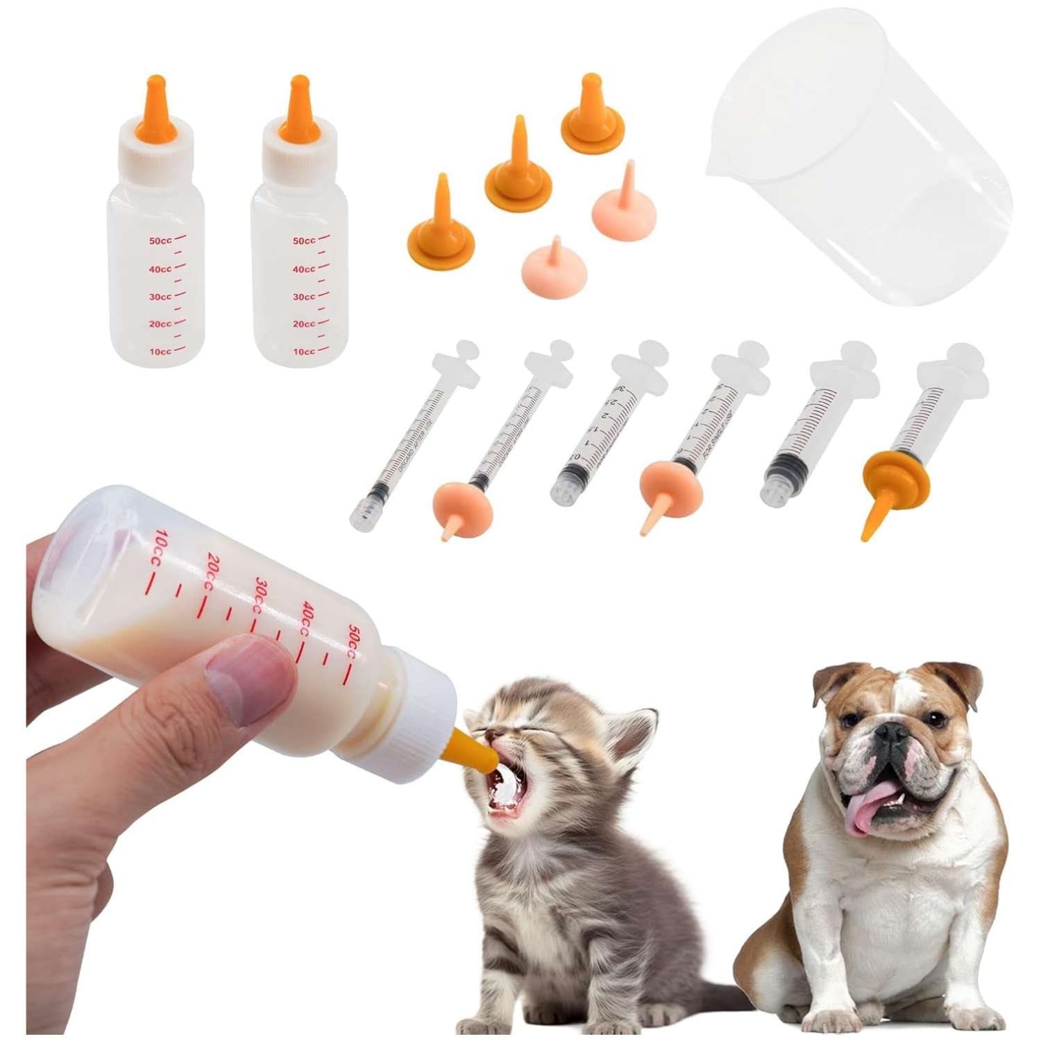 Kit de alimentación de 18 piezas para cachorros y gatitos. Incluye 2 biberones, 6 jeringas y tetinas de silicona.
