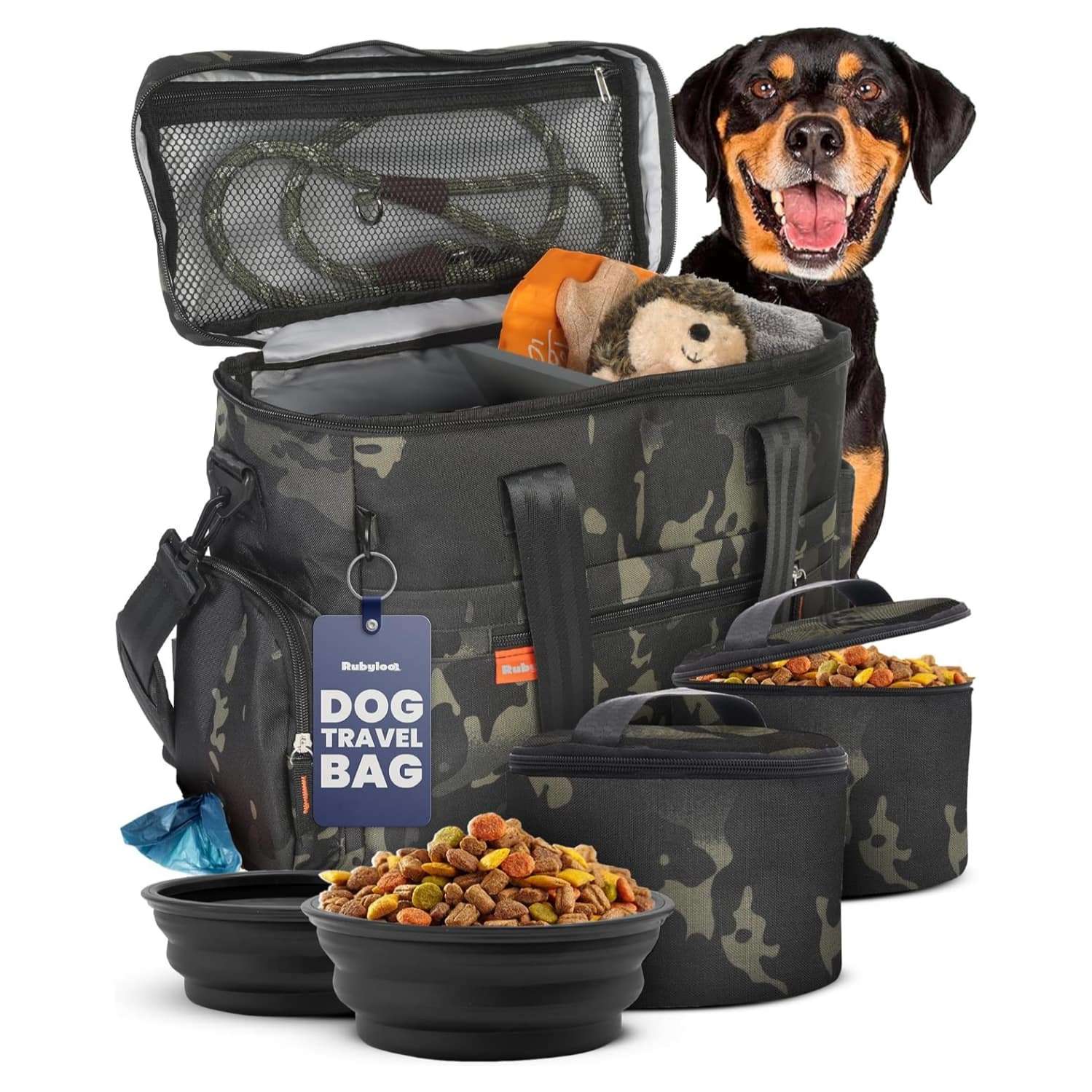 Bolsa de viaje para perros y gatos. Kit organizador con cuencos de viaje, contenedor de comida y accesorios.