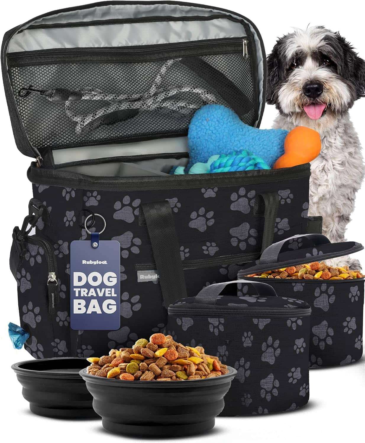 Bolsa de viaje para perros y gatos. Kit organizador con cuencos de viaje, contenedor de comida y accesorios.