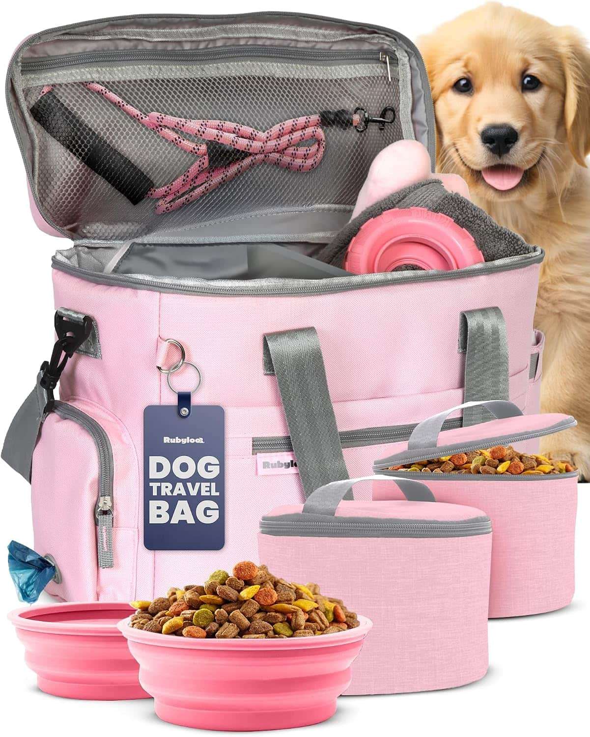 Bolsa de viaje para perros y gatos. Kit organizador con cuencos de viaje, contenedor de comida y accesorios.