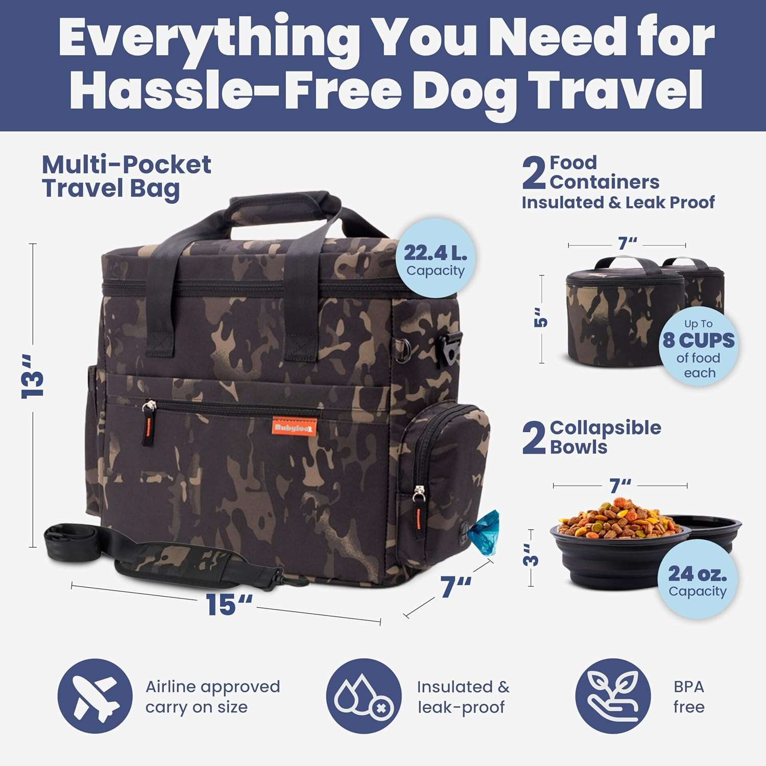 Bolsa de viaje para perros y gatos. Kit organizador con cuencos de viaje, contenedor de comida y accesorios.