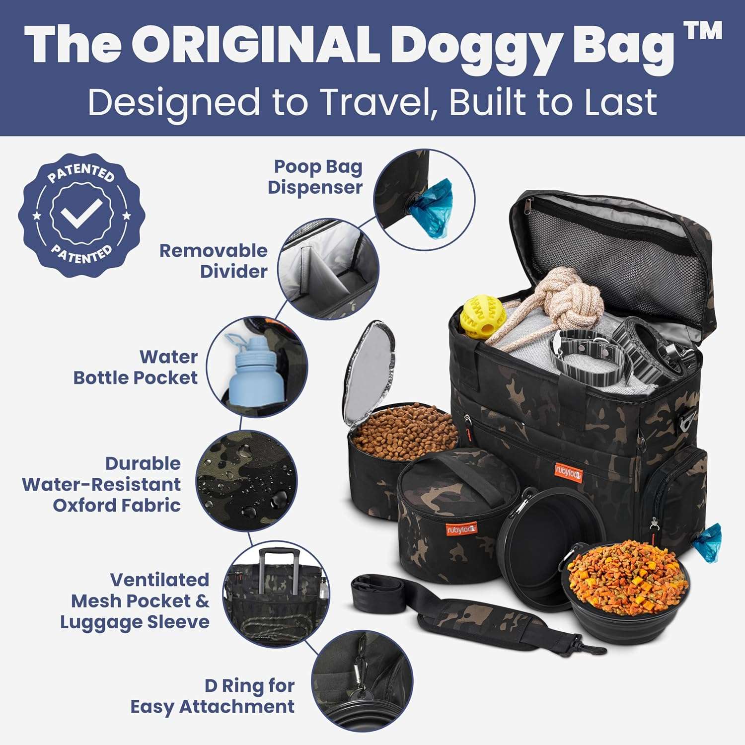 Bolsa de viaje para perros y gatos. Kit organizador con cuencos de viaje, contenedor de comida y accesorios.