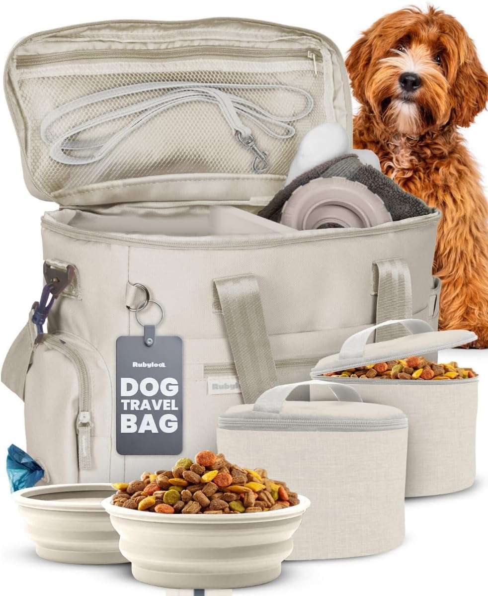 Bolsa de viaje para perros y gatos. Kit organizador con cuencos de viaje, contenedor de comida y accesorios.