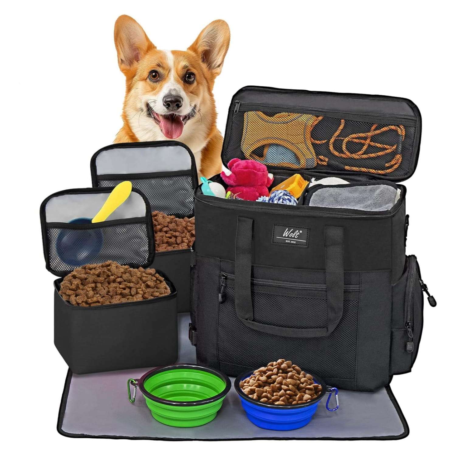 Bolsa de viaje para perros y gatos. Kit organizador con cuencos plegables y contenedores de comida.
