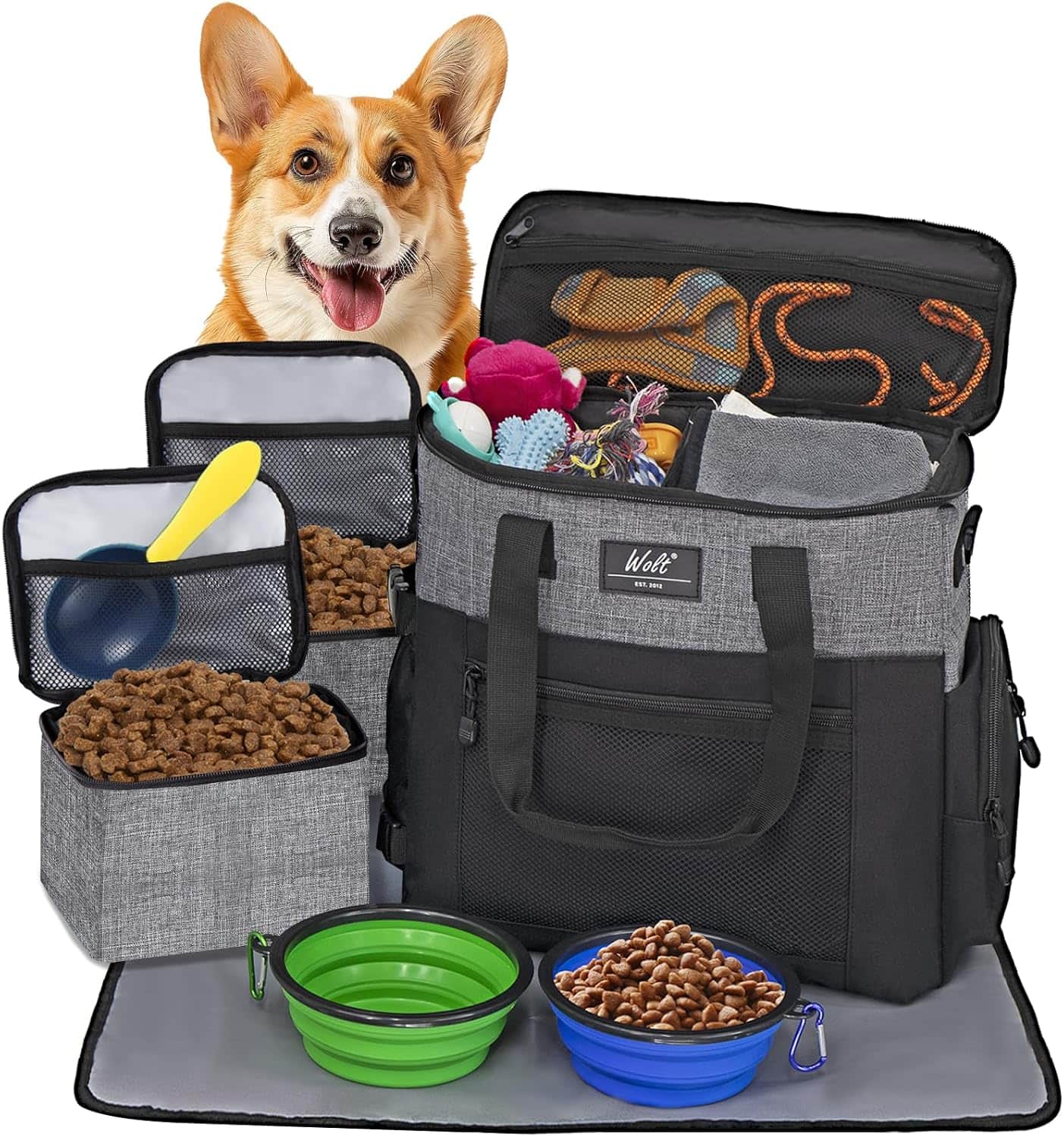 Bolsa de viaje para perros y gatos. Kit organizador con cuencos plegables y contenedores de comida.