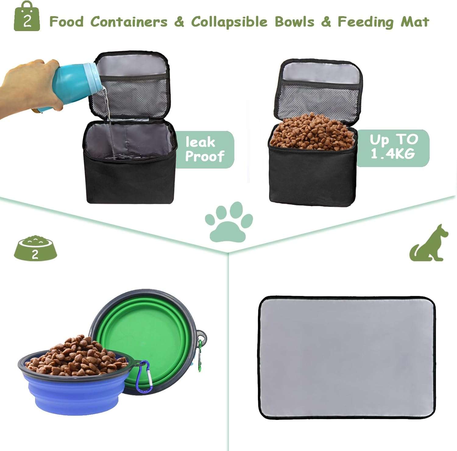 Bolsa de viaje para perros y gatos. Kit organizador con cuencos plegables y contenedores de comida.